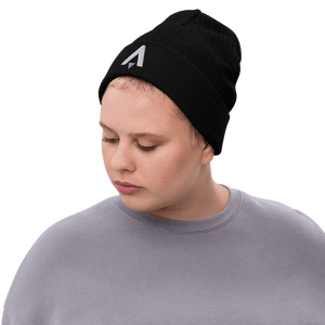Star Atlas Streetwear Ribbed knit beanie - unisex - grey / white - front arrow - embroidered