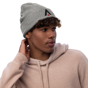 Star Atlas Streetwear Ribbed knit beanie - unisex - red / black - front arrow - embroidered