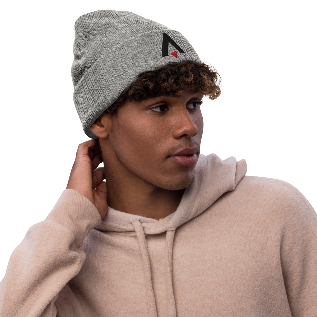 Star Atlas Streetwear Ribbed knit beanie - unisex - red / black - front arrow - embroidered